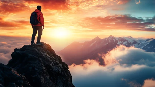 Hiker stands on rocky summit above clouds at vivid sunset