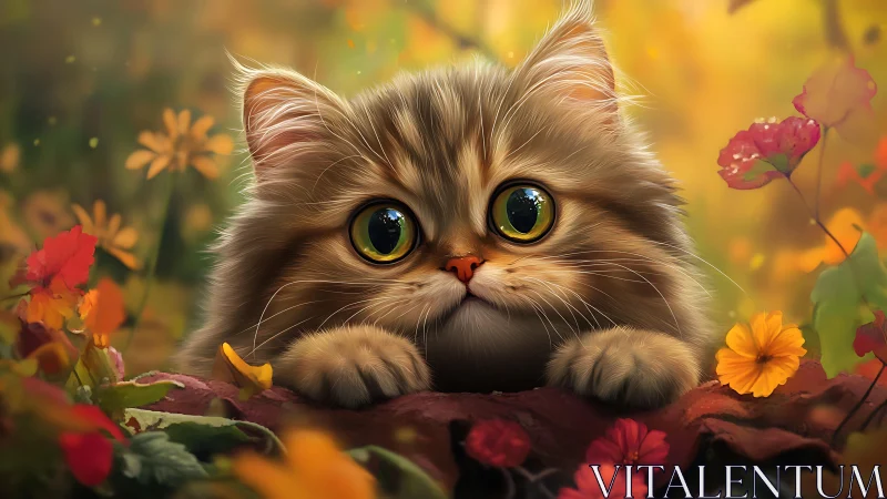 Fluffy Tabby Kitten Surrounded by Vibrant Garden Flowers.