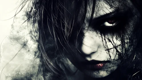 Haunted gaze of gothic woman in stark monochrome closeup.