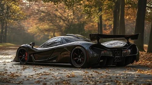 Black hypercar under autumn trees on leaf-strewn road.