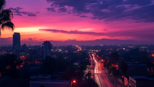 City boulevard glows under vivid magenta sunset sky.