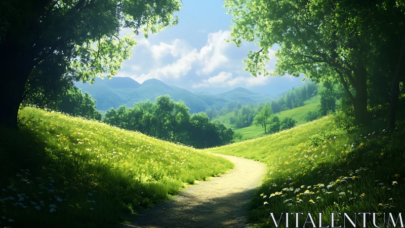Sunlit winding path through a lush green meadow landscape, realistic style.