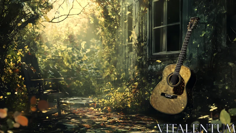 Sunlit acoustic guitar beside weathered forest cabin wall.