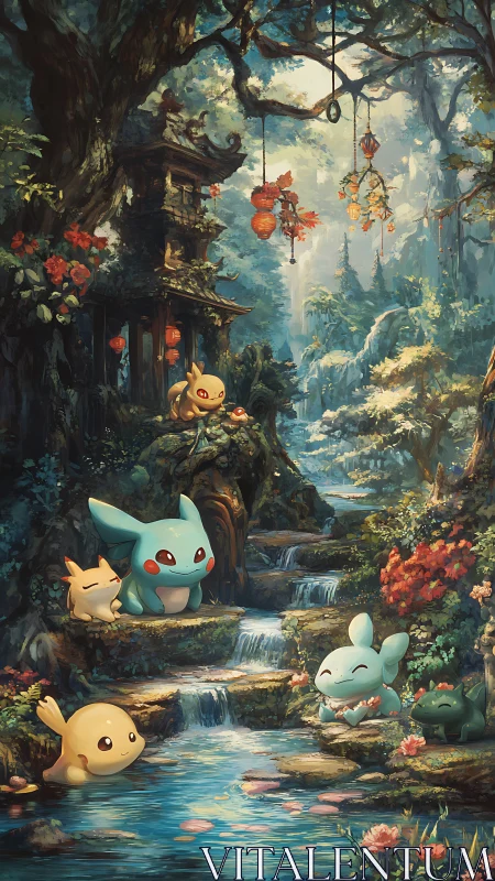 Playful forest creatures gathering by a sparkling stream.
