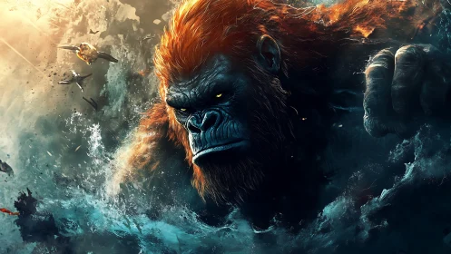 Storm-forged titan gorilla tears through a roaring ocean sky