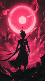 Silhouetted warrior observes large luminous circle in sky