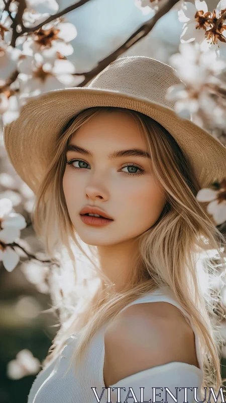 Soft spring portrait of blonde woman in hat among blossoms