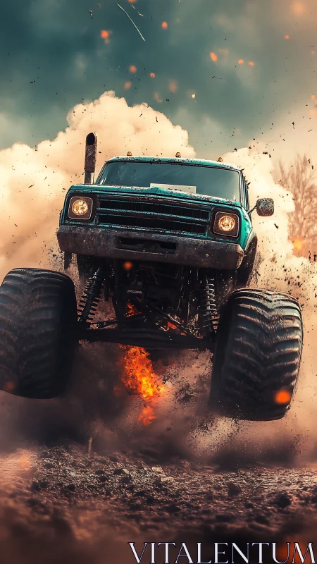 Roaring teal monster truck leaping through fire and dirt.