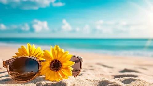 Sunflowers and sunglasses share a bright, carefree beach day