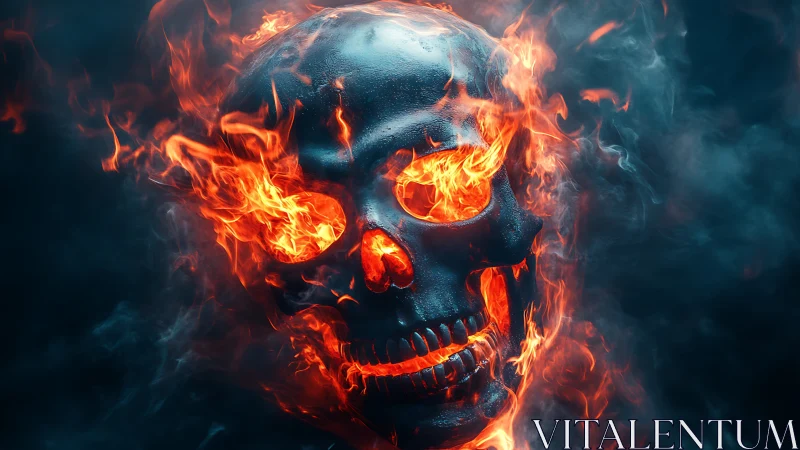 Photorealistic flaming skull engulfed in dynamic orange fire