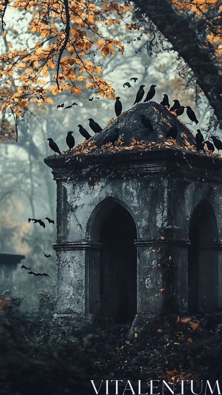Crows gather on old stone mausoleum under autumn trees