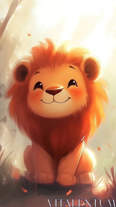 Gentle baby lion in glowing soft forest light.