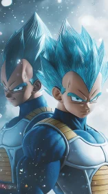 Powerful blue-haired warriors sharing a fierce cosmic bond.