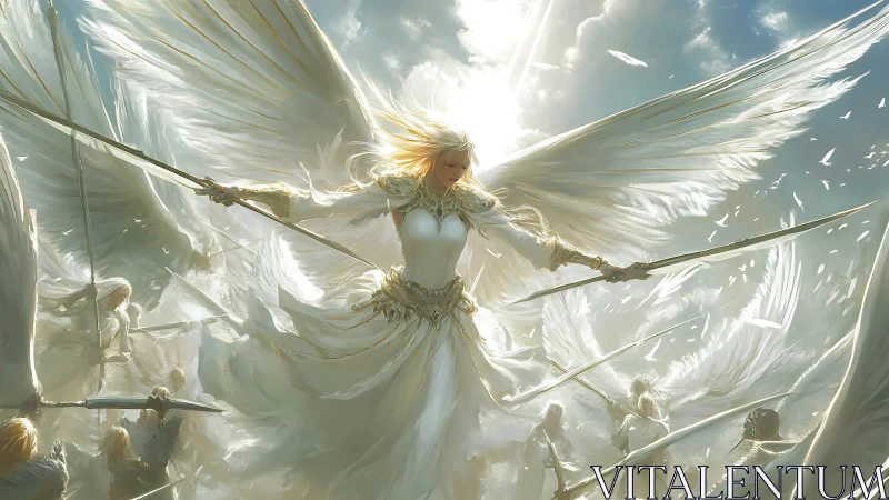 Radiant winged commander leading luminous celestial charge.