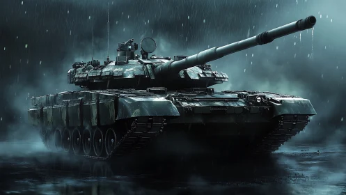 Modern main battle tank in rainy night combat setting.