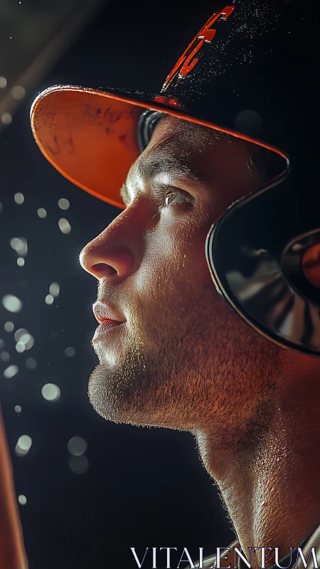 Baseball player profile under dramatic stadium spotlight.