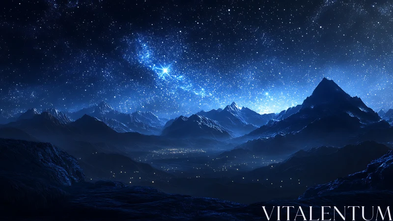 Star-filled nocturnal sky above layered mountain range.