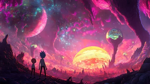 Chromatic alien valley under tri-solar nebular skyscape.