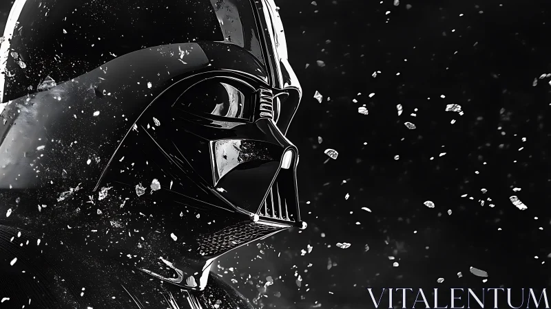 Black armored sci fi villain helmet emerges through drifting debris