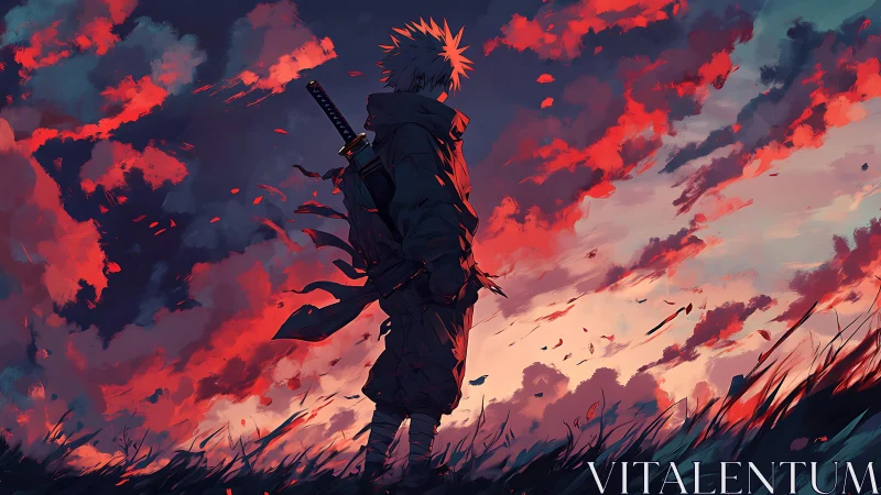Lone swordsman quietly greets a blazing, windswept sky
