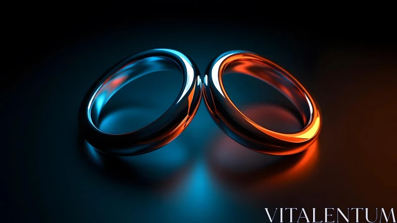 Two interlocked metallic rings with blue and orange neon lighting. Two interlocked metallic rings with blue and orange neon lighting.