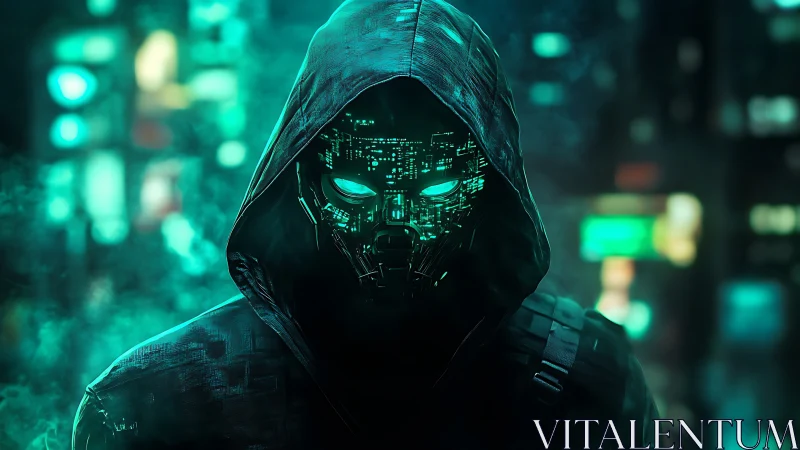 Hooded cybernetic infiltrator with luminous circuit mask poised.
