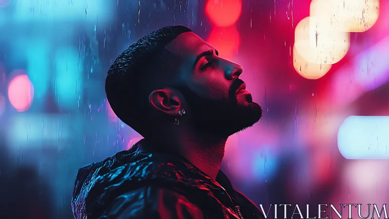 Neon rain prayer under electric city nightfall glow.