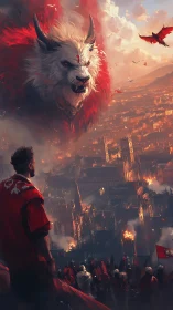 Colossal winged beast looms over burning fantasy cityscape.