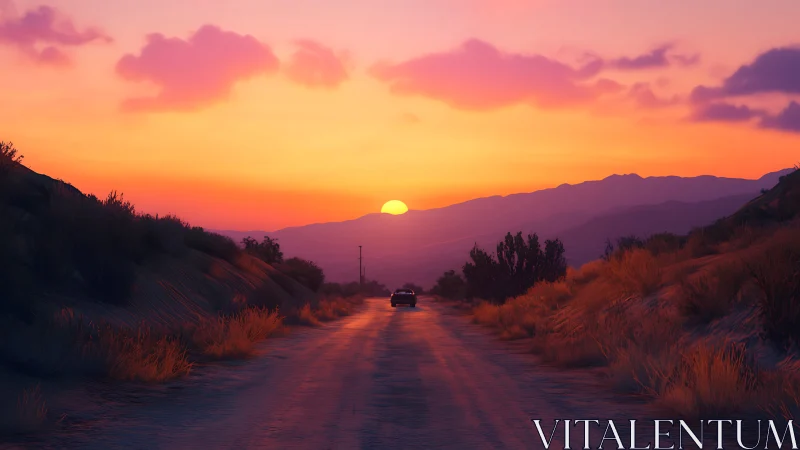 Solitary vehicle on desert road under layered sunset sky.