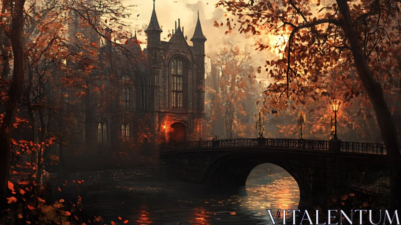 Warm lantern light welcomes dusk at a riverside castle bridge