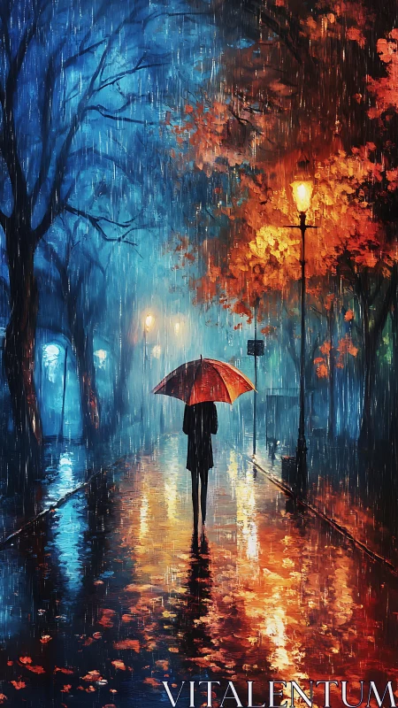 Evening stroll under a red umbrella in glowing city rain.