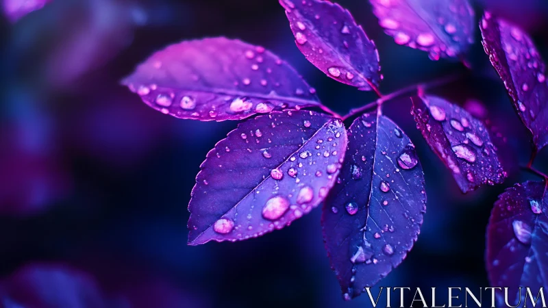 Macro view of purple leaves with water droplets at night.