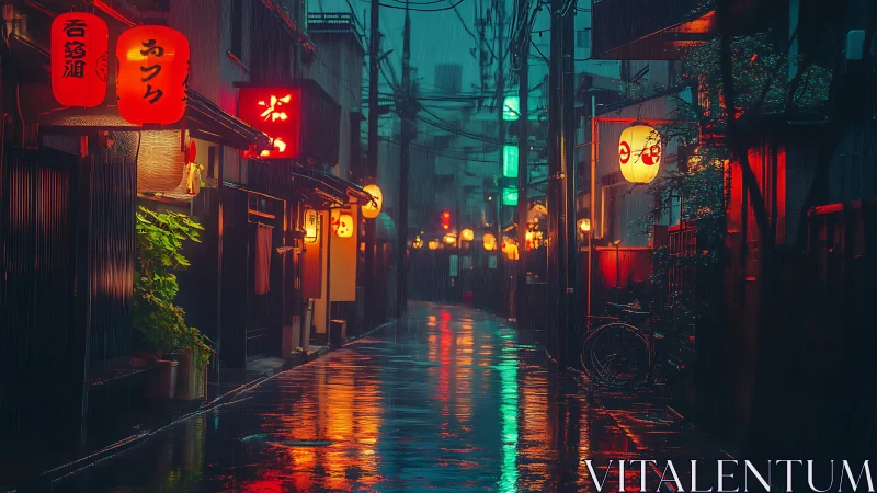 Soft rain settles over a lantern lit Japanese alleyway