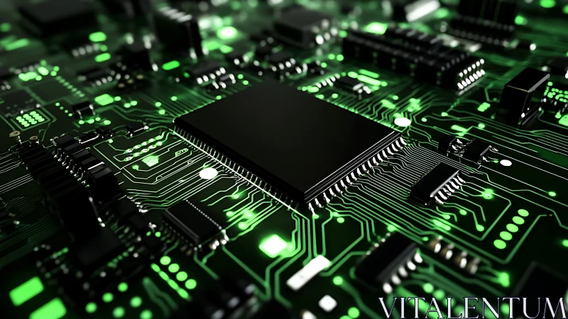 3D microchip array on illuminated green PCB architecture.