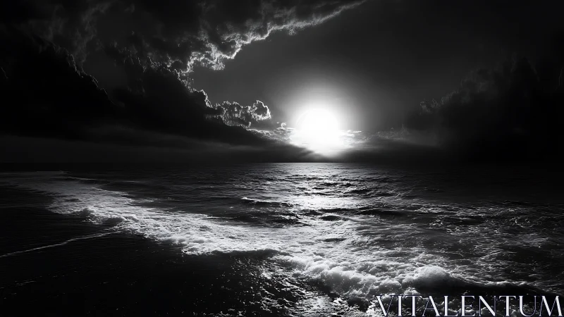 Monochrome ocean horizon shows bright sun through heavy clouds