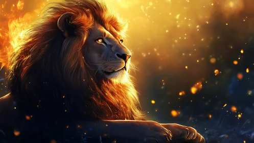 Digital painting of regal lion in ember-lit atmospheric glow.