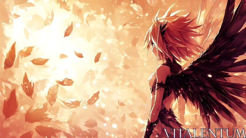Winged anime figure stands amid swirling autumn light.