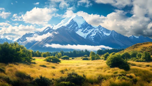 Sunlit meadow dreaming beneath blue crowned giants.