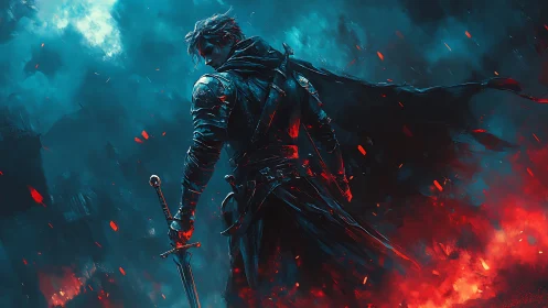 Lone ember knight strides through stormlit crimson ruins.