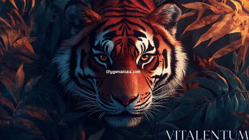 Tiger in glowing jungle shadows, quietly claiming the night.