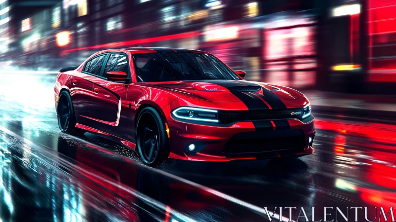 Red muscle sedan on wet neon city street at speed.