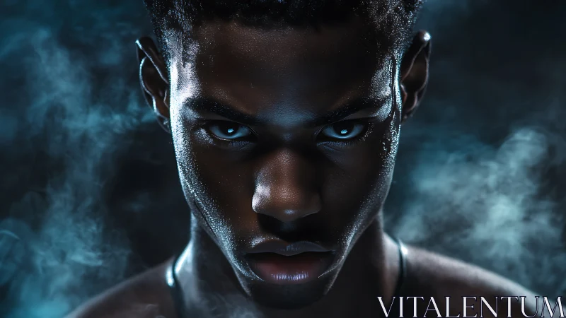 Moody close-up portrait of man in dramatic blue lighting.