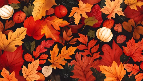 Cozy autumn leaves and pumpkins in glowing warm colors.