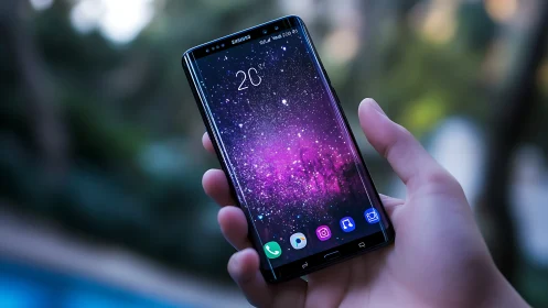 Samsung Galaxy smartphone displaying dynamic particle wallpaper.