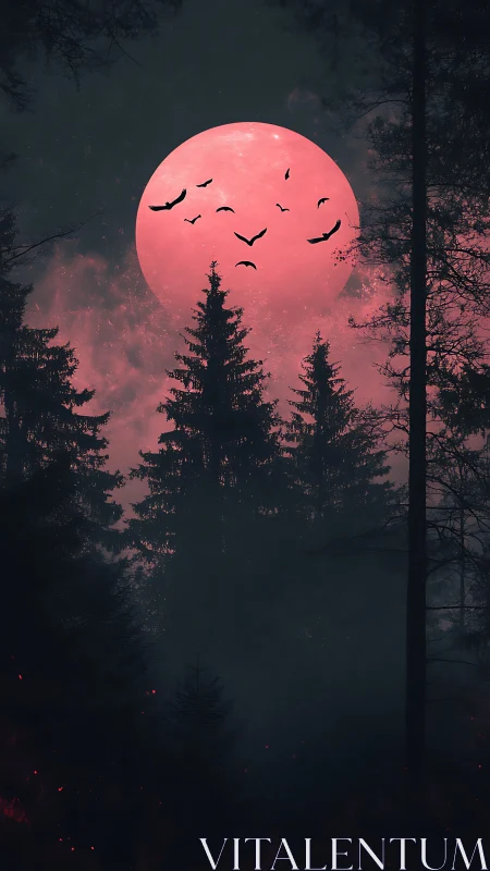 Crimson lunar disc over conifer silhouettes with circling birds.