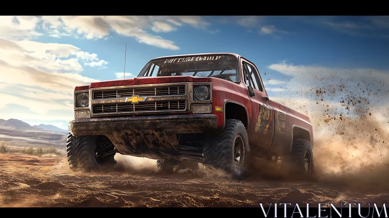 Retro off-road pickup powers through desert dust at speed