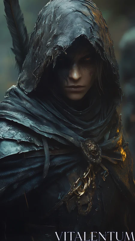 Hooded rogue in dark cloak with intense, shadowed gaze.