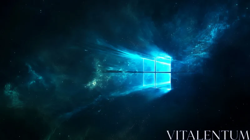 Windows logo projection in deep blue cosmic space field.