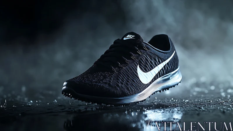 Black Nike running shoe in dramatic studio spotlight.