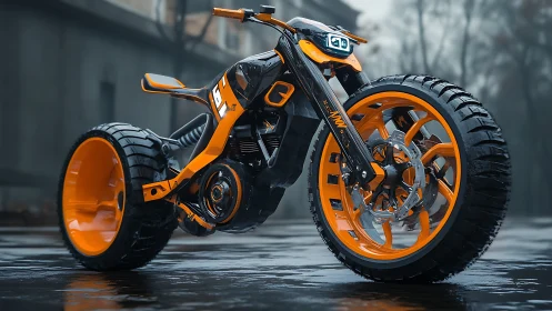 Futuristic orange concept motorcycle on wet urban street.